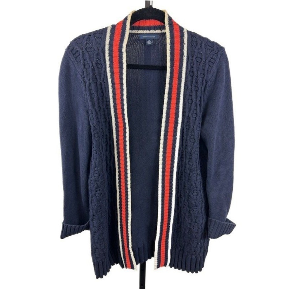Tommy Hilfiger Cardigan Sweater Women's Size Large Blue Striped Open Cable Knit
